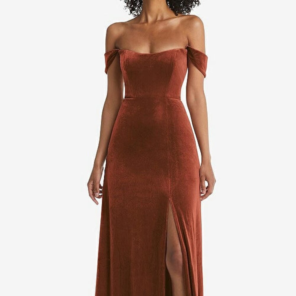 After Six 1551....Off-the-Shoulder Flounce Sleeve Velvet Dress...Auburn...Sz 8